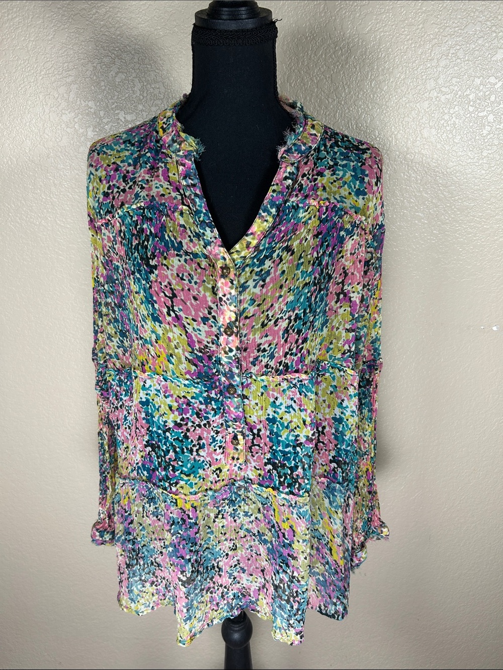 Sundance Colorful Sheer Chiffon Floral Tunic Blouse Tiered Long Sleeve L